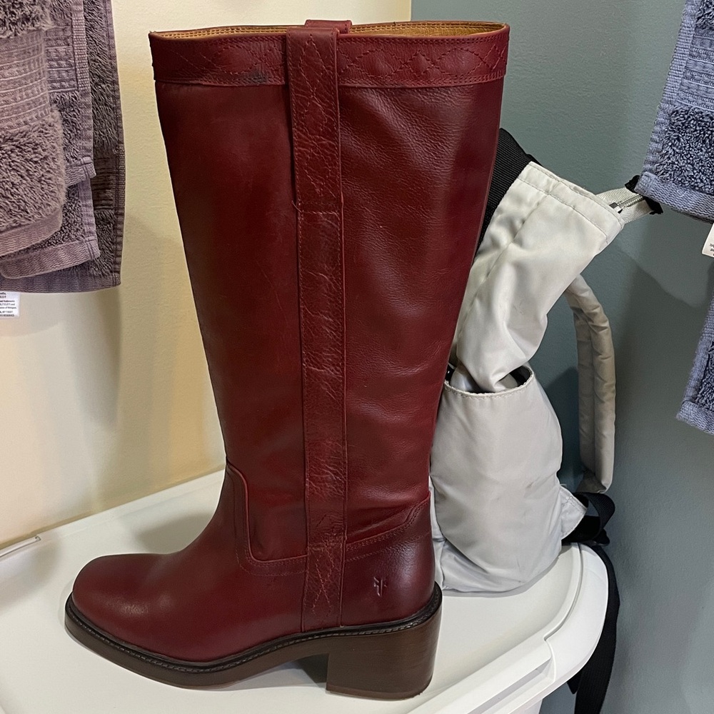 π£ DAY SALE Frye Knee High Boots Deep Red Leather Kate Pull On Wide Calf Merlot - Picture 9 of 12